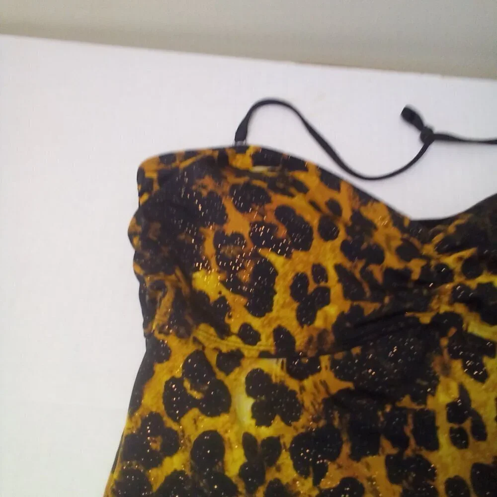 Jaclyn Smith Tankini Top Women 18 Swim Halter Padded Cup Animal Print Black Gold